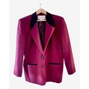 WOOL Burgundy Blazer Womens Sz L Black Suede Collar David Eliot Made In USA